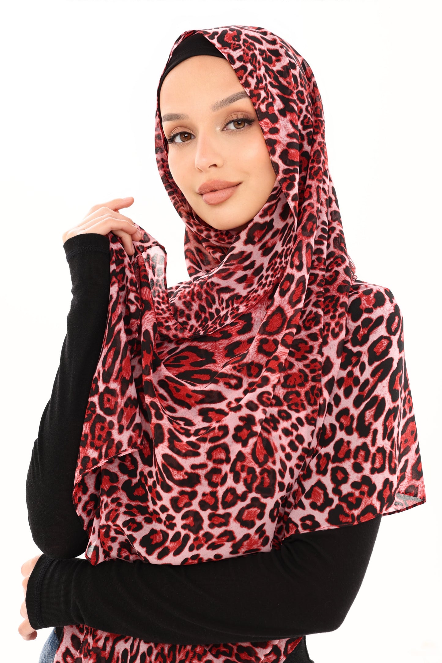 LEOPARD PRINT CHIFFON HIJAB - CRIMSON