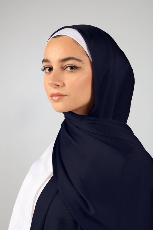 PREMIUM CRINKLED SILK SATIN HIJAB - NAVY BLUE